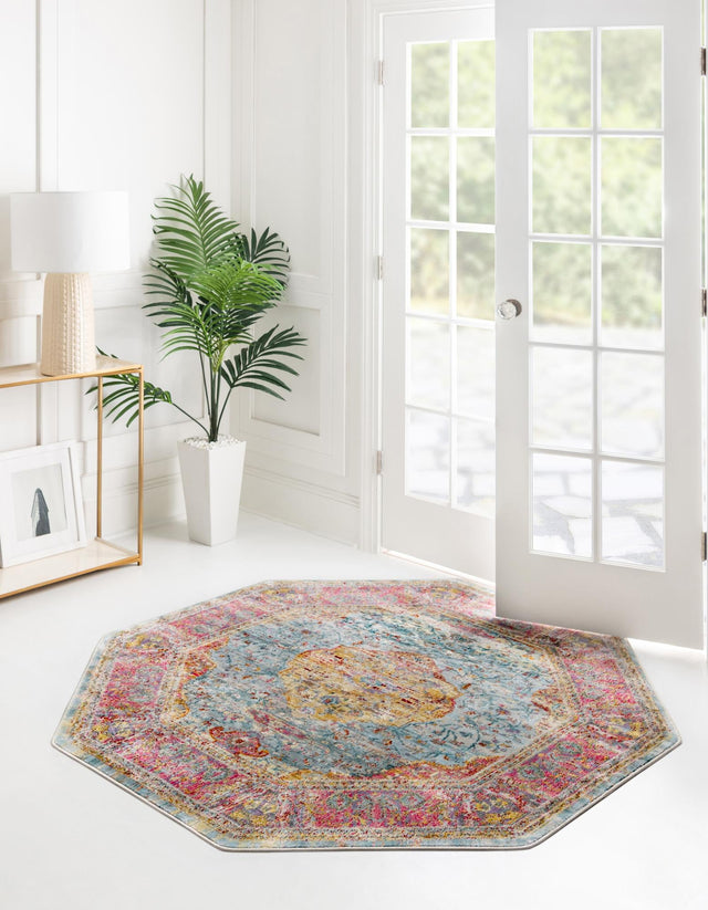 Light Blue 8' x 8' Baracoa Octagon Area Rug 100% Polypropylene Distressed Vintage Living Dining Room Office Traditional Carpet for Sale at Rug Engine