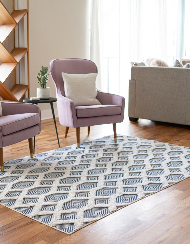 Navy Blue 5' 3 x 8' Sabrina Soto Casa Rectangle Area Rug 100% Cotton Geometric Pattern All Natural Material Eco Friendly Carpet for Sale at Rug Engine