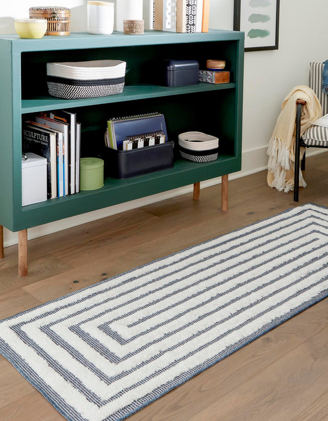 Navy Blue 2' 7 x 12' Sabrina Soto Casa Runner Area Rug 100% Cotton Geometric Pattern All Natural Material Eco Friendly Carpet for Sale at Rug Engine