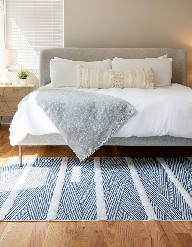 Navy Blue 9' 10 x 12' Sabrina Soto Casa Rectangle Area Rug 100% Cotton Geometric Pattern All Natural Material Eco Friendly Carpet for Sale at Rug Engine