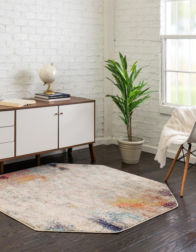 Beige 7' 11 x 7' 11 Chromatic Octagon Area Rug 100% Polypropylene With Cotton Backing Abstract Modern Colorful Carpet Mat for Home Decor & Interior Design for Sale at Rug Engine