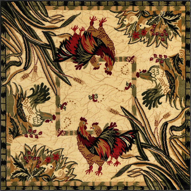 Cream 5' 3 x 5' 3 Barnyard Square Area Rug 100% Polypropylene With Cotton Backing Traditional Cottage Rustic Classical Carpet for Living Office Bedroom Dining Room Easy to Clean Long Lasting & Durable Decor for Sale at Rug Engine