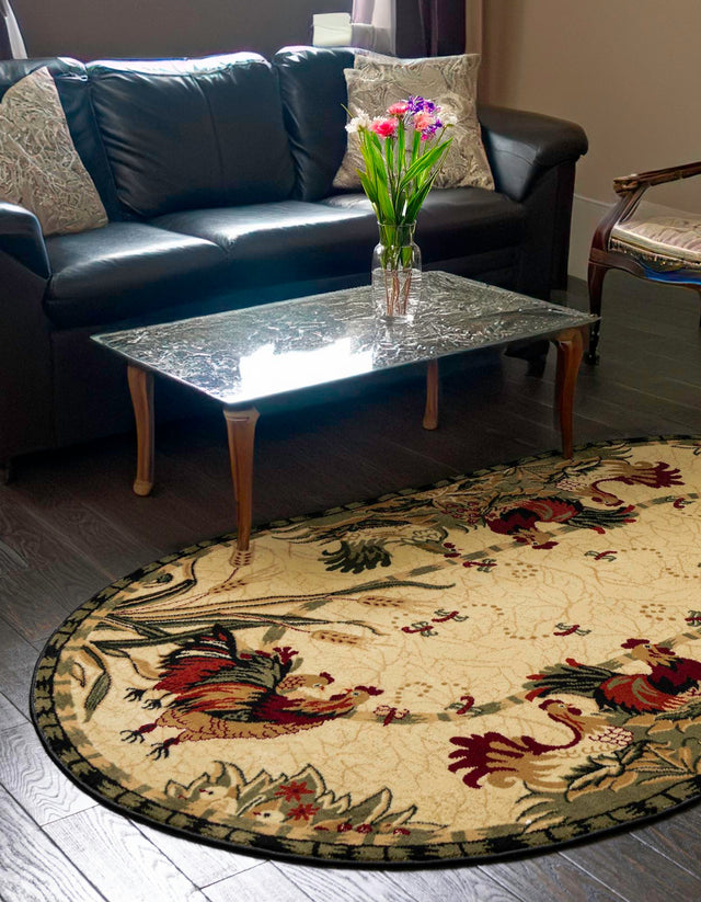 Cream 7' 10 x 10' Barnyard Oval Area Rug 100% Polypropylene With Cotton Backing Traditional Cottage Rustic Classical Carpet for Living Office Bedroom Dining Room Easy to Clean Long Lasting & Durable Decor for Sale at Rug Engine