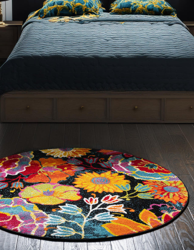 Black 8' x 8' Lyon Round Area Rug Vivid Colorful Abstract Modern 100% Polypropylene Carpet for Living Room, Dining, Office for Sale at Rug Engine