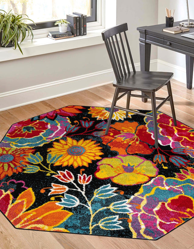 Black 7' 11 x 7' 11 Lyon Octagon Area Rug Vivid Colorful Abstract Modern 100% Polypropylene Carpet for Living Room, Dining, Office for Sale at Rug Engine