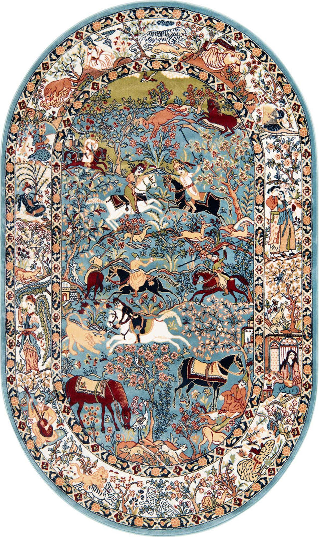 Blue 5' 3 x 8' Narenj Oval Area Rug 85% Polypropylene & 15% Polyester Traditional Classic Carpet for Living, Dining, Bedrooms, Office for Sale at Rug Engine