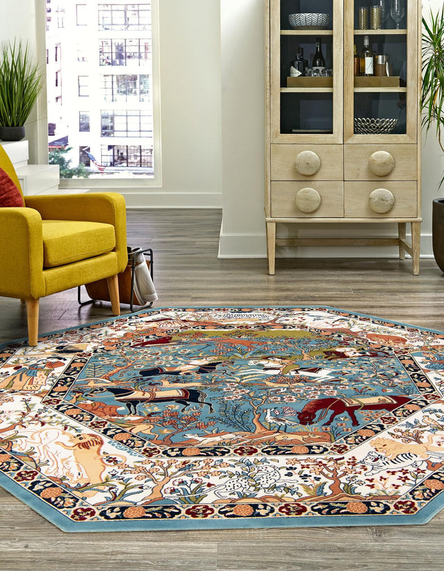 Blue 5' 3 x 5' 3 Narenj Octagon Area Rug 85% Polypropylene & 15% Polyester Traditional Classic Carpet for Living, Dining, Bedrooms, Office for Sale at Rug Engine