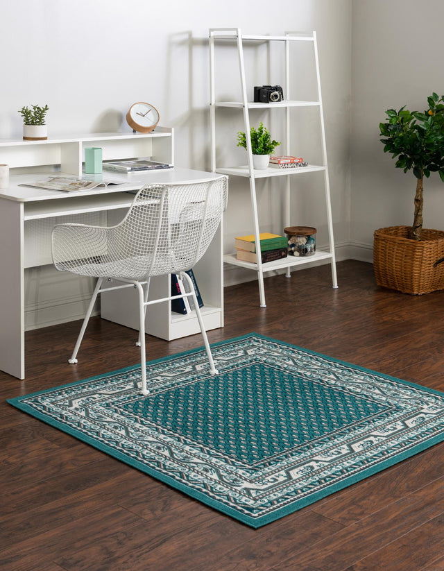 Turquoise 5' x 5' Williamsburg Square Area Rug 100% Polypropylene With Cotton Backing Durable Easy Clean Stain Resistant Carpet for Sale at Rug Engine