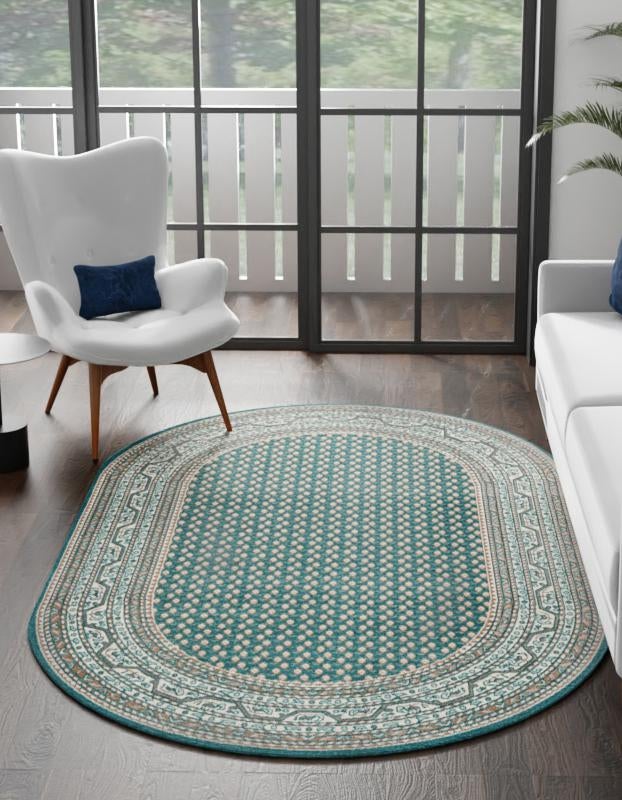 Turquoise 3' 3 x 5' 3 Williamsburg Oval Area Rug 100% Polypropylene With Cotton Backing Durable Easy Clean Stain Resistant Carpet for Sale at Rug Engine