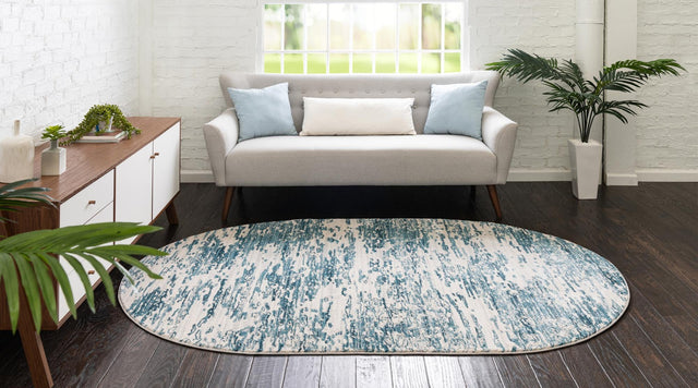 Blue 5' x 8' Oasis Oval Area Rug 65% Polypropylene & 35% Polyester Contemporary Carpet for Living Rooms, Bedroom, Kitchen, Dining, Office for Sale at Rug Engine
