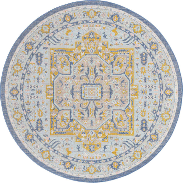 Sky blue 7' x 7' Whitney Round Area Rug Classic Vintage Distressed Look Traditional Persian Inspired Carpet for Home Decor for Sale at Rug Engine