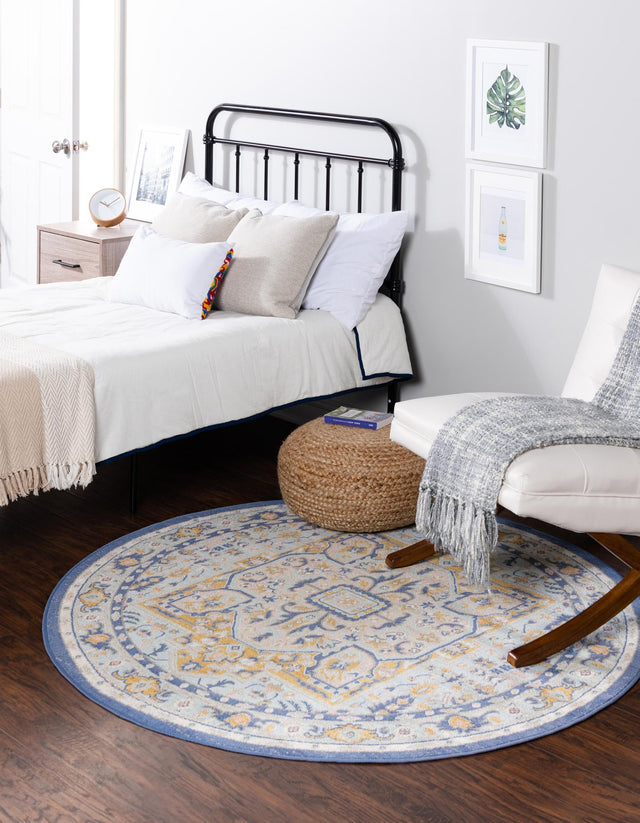 Sky blue 7' x 7' Whitney Round Area Rug Classic Vintage Distressed Look Traditional Persian Inspired Carpet for Home Decor for Sale at Rug Engine