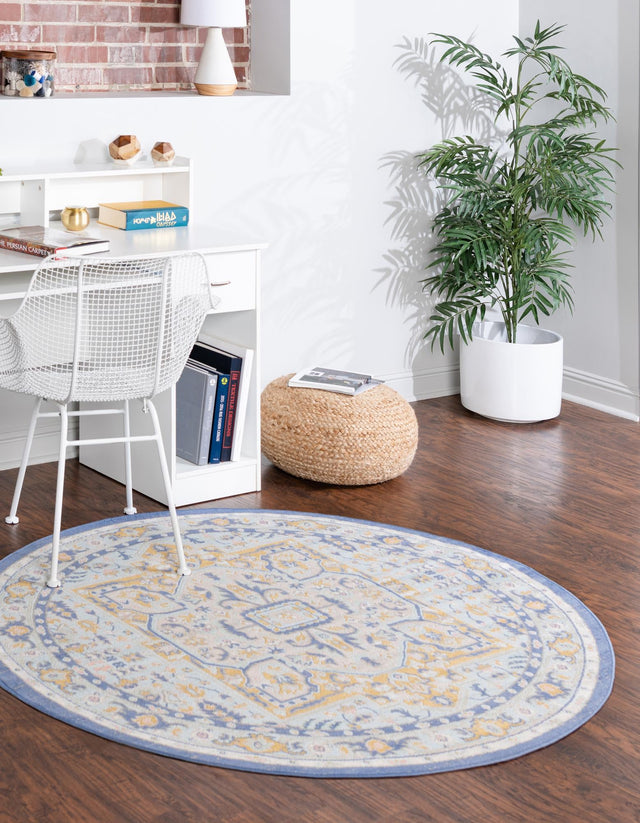 Sky blue 7' x 7' Whitney Round Area Rug Classic Vintage Distressed Look Traditional Persian Inspired Carpet for Home Decor for Sale at Rug Engine