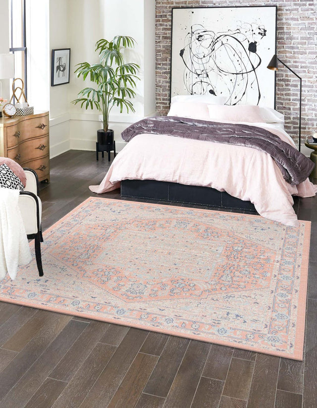 Powder Pink 8' x 8' Whitney Square Area Rug Classic Vintage Distressed Look Traditional Persian Inspired Carpet for Home Decor for Sale at Rug Engine