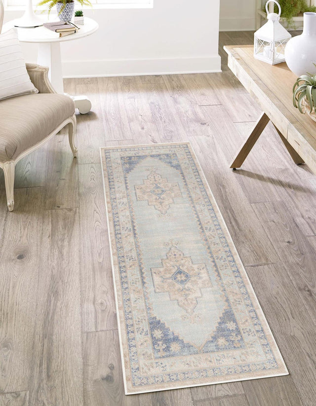 Sky blue 2' x 6' Whitney Runner Area Rug Classic Vintage Distressed Look Traditional Persian Inspired Carpet for Home Decor for Sale at Rug Engine