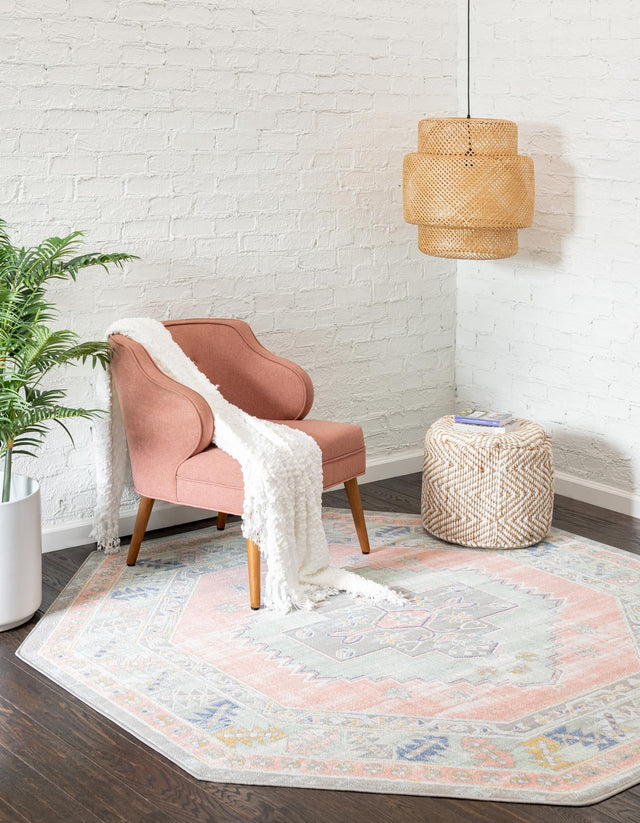 Pink 7' x 7' Whitney Octagon Area Rug Classic Vintage Distressed Look Traditional Persian Inspired Carpet for Home Decor for Sale at Rug Engine