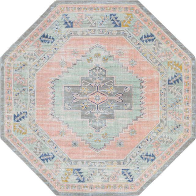 Pink 7' x 7' Whitney Octagon Area Rug Classic Vintage Distressed Look Traditional Persian Inspired Carpet for Home Decor for Sale at Rug Engine
