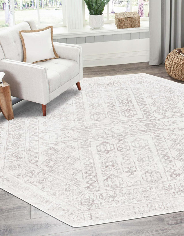 Cream 7' 1 x 7' 1 Oxford Octagon Area Rug Traditional Design 100% Polypropylene Carpet for Living Room, Bedrooms, Dining, Office for Sale at Rug Engine