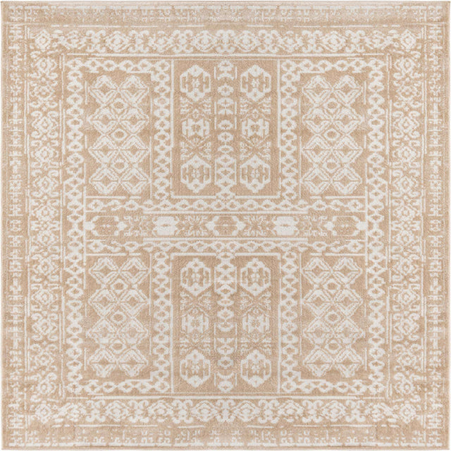 Beige 7' 10 x 7' 10 Oxford Square Area Rug Traditional Design 100% Polypropylene Carpet for Living Room, Bedrooms, Dining, Office for Sale at Rug Engine