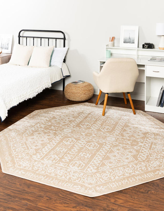 Beige 7' x 7' Oxford Octagon Area Rug Traditional Design 100% Polypropylene Carpet for Living Room, Bedrooms, Dining, Office for Sale at Rug Engine