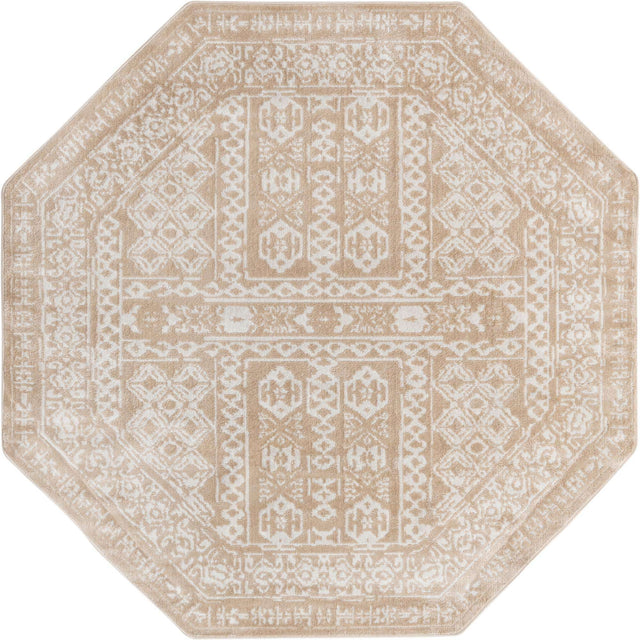 Beige 7' x 7' Oxford Octagon Area Rug Traditional Design 100% Polypropylene Carpet for Living Room, Bedrooms, Dining, Office for Sale at Rug Engine
