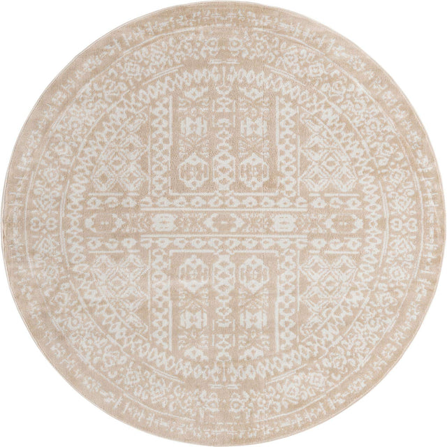 Beige 7' x 7' Oxford Round Area Rug Traditional Design 100% Polypropylene Carpet for Living Room, Bedrooms, Dining, Office for Sale at Rug Engine
