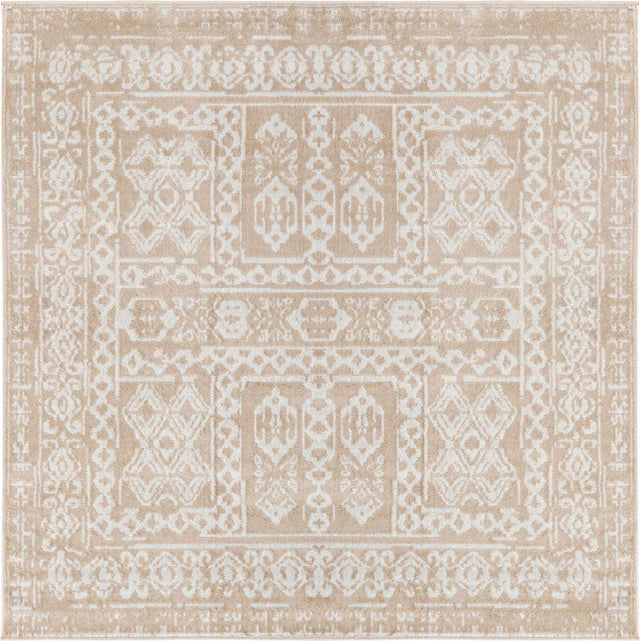Beige 6' x 6' Oxford Square Area Rug Traditional Design 100% Polypropylene Carpet for Living Room, Bedrooms, Dining, Office for Sale at Rug Engine