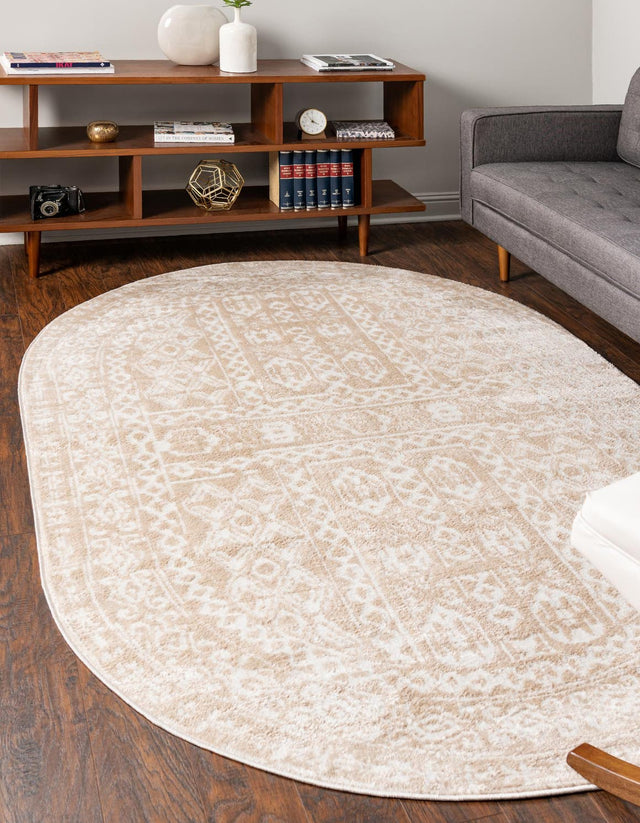 Beige 4' x 6' Oxford Oval Area Rug Traditional Design 100% Polypropylene Carpet for Living Room, Bedrooms, Dining, Office for Sale at Rug Engine