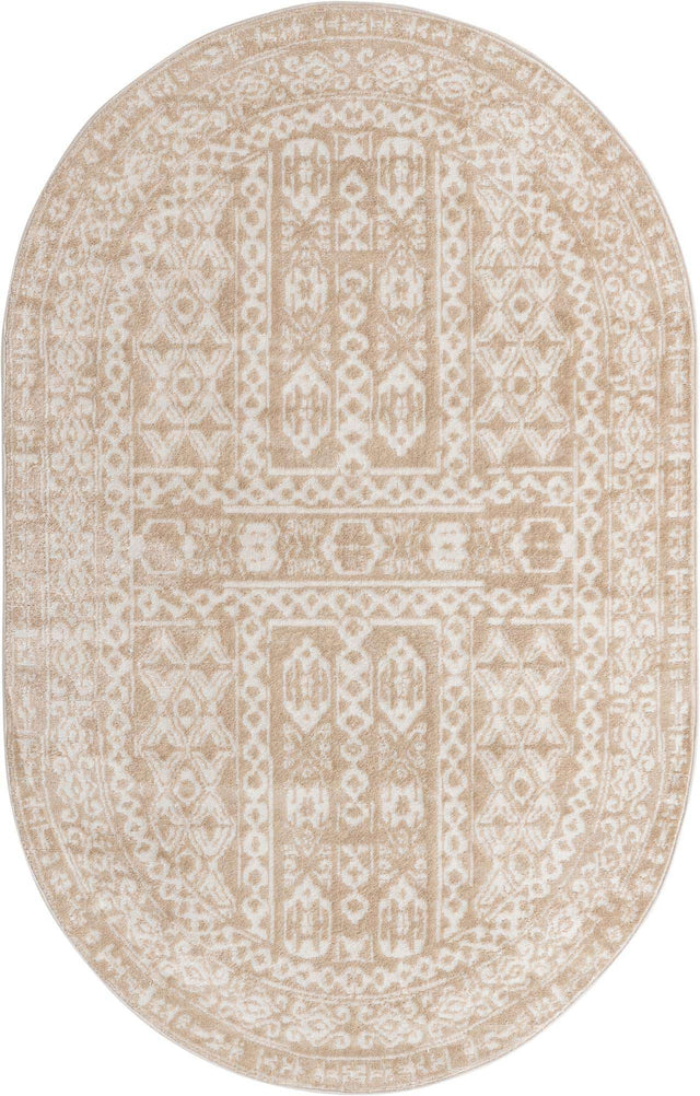 Beige 5' x 8' Oxford Oval Area Rug Traditional Design 100% Polypropylene Carpet for Living Room, Bedrooms, Dining, Office for Sale at Rug Engine