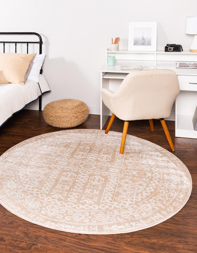 Beige 7' x 7' Oxford Round Area Rug Traditional Design 100% Polypropylene Carpet for Living Room, Bedrooms, Dining, Office for Sale at Rug Engine