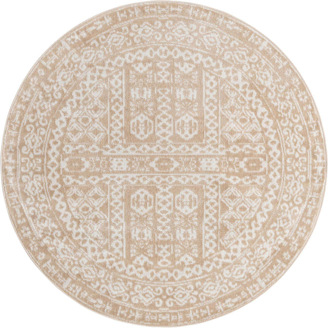 Beige 5' x 5' Oxford Round Area Rug Traditional Design 100% Polypropylene Carpet for Living Room, Bedrooms, Dining, Office for Sale at Rug Engine