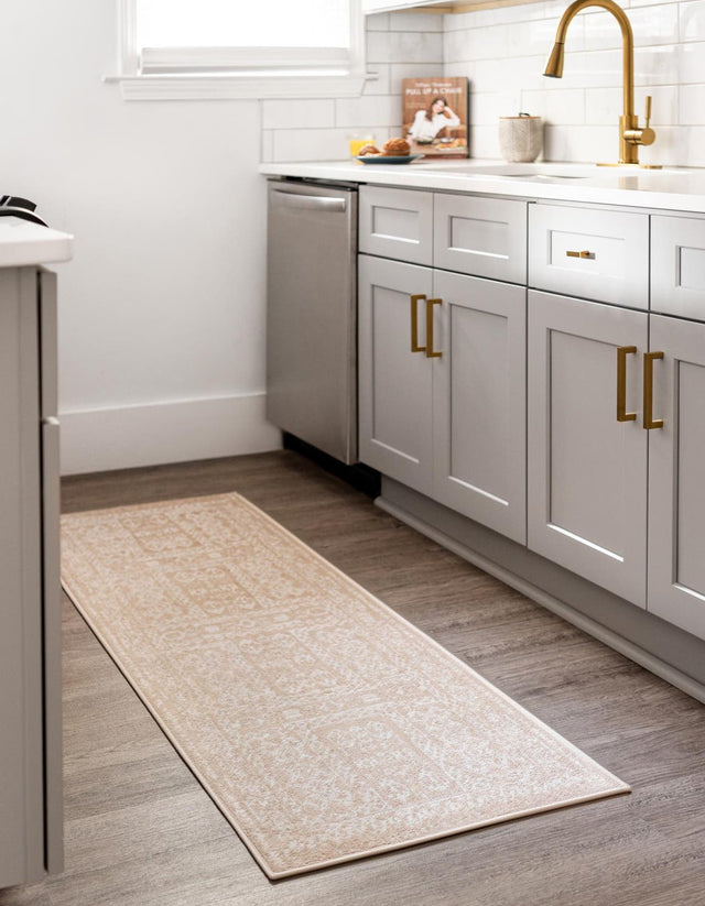 Beige 2' 7 x 12' Oxford Runner Area Rug Traditional Design 100% Polypropylene Carpet for Living Room, Bedrooms, Dining, Office for Sale at Rug Engine