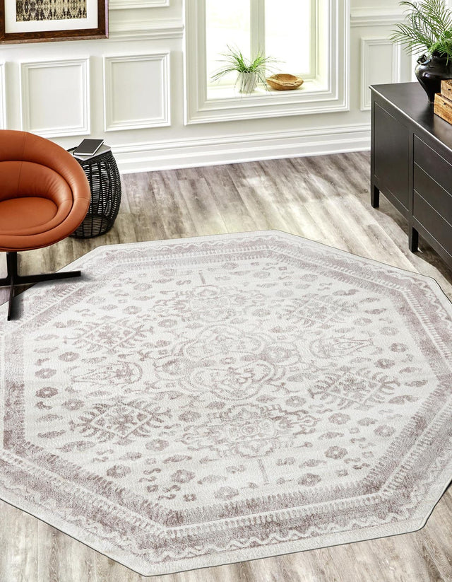 Cream 7' 1 x 7' 1 Oxford Octagon Area Rug Traditional Design 100% Polypropylene Carpet for Living Room, Bedrooms, Dining, Office for Sale at Rug Engine