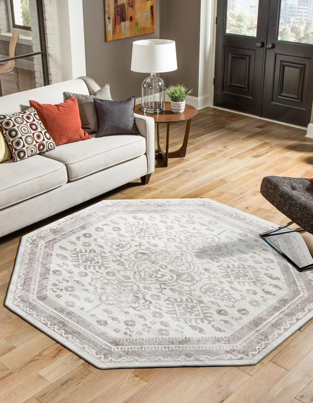 Cream 7' 1 x 7' 1 Oxford Octagon Area Rug Traditional Design 100% Polypropylene Carpet for Living Room, Bedrooms, Dining, Office for Sale at Rug Engine