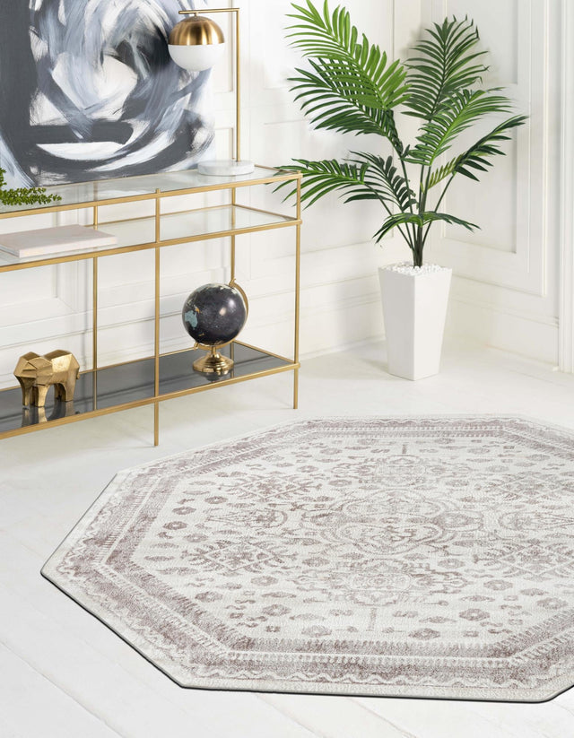 Cream 7' 1 x 7' 1 Oxford Octagon Area Rug Traditional Design 100% Polypropylene Carpet for Living Room, Bedrooms, Dining, Office for Sale at Rug Engine