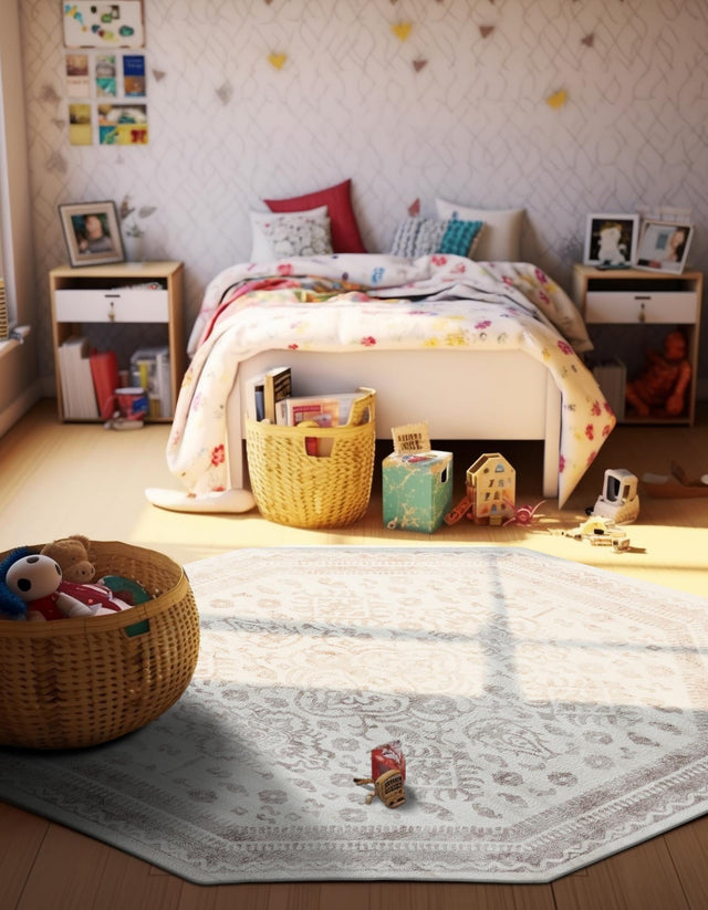 Cream 7' 1 x 7' 1 Oxford Octagon Area Rug Traditional Design 100% Polypropylene Carpet for Living Room, Bedrooms, Dining, Office for Sale at Rug Engine