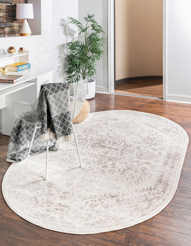 Cream 4' 1 x 6' 1 Oxford Oval Area Rug Traditional Design 100% Polypropylene Carpet for Living Room, Bedrooms, Dining, Office for Sale at Rug Engine