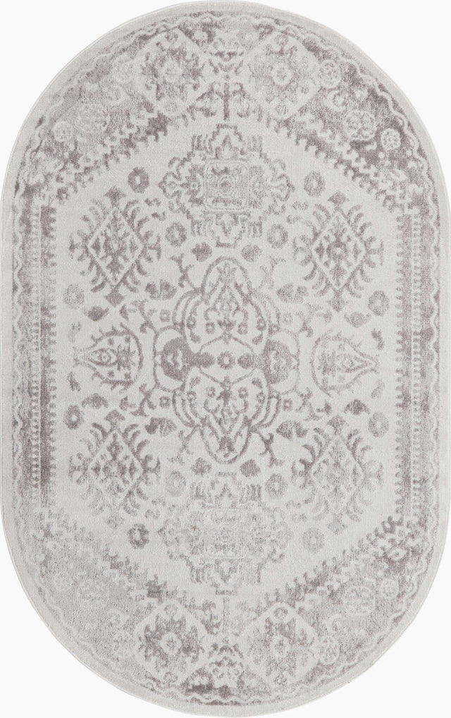Cream 5' 3 x 8' Oxford Oval Area Rug Traditional Design 100% Polypropylene Carpet for Living Room, Bedrooms, Dining, Office for Sale at Rug Engine