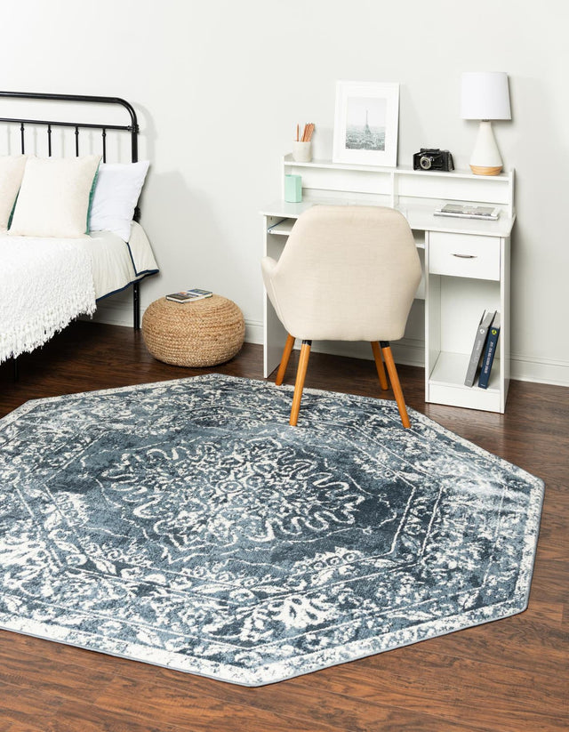 Blue 7' x 7' Oxford Octagon Area Rug Traditional Design 100% Polypropylene Carpet for Living Room, Bedrooms, Dining, Office for Sale at Rug Engine