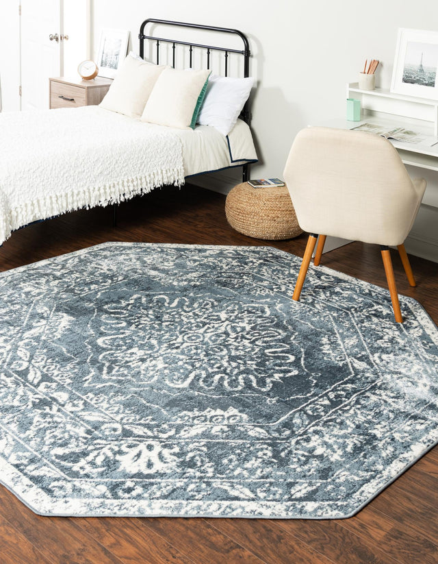 Blue 7' x 7' Oxford Octagon Area Rug Traditional Design 100% Polypropylene Carpet for Living Room, Bedrooms, Dining, Office for Sale at Rug Engine