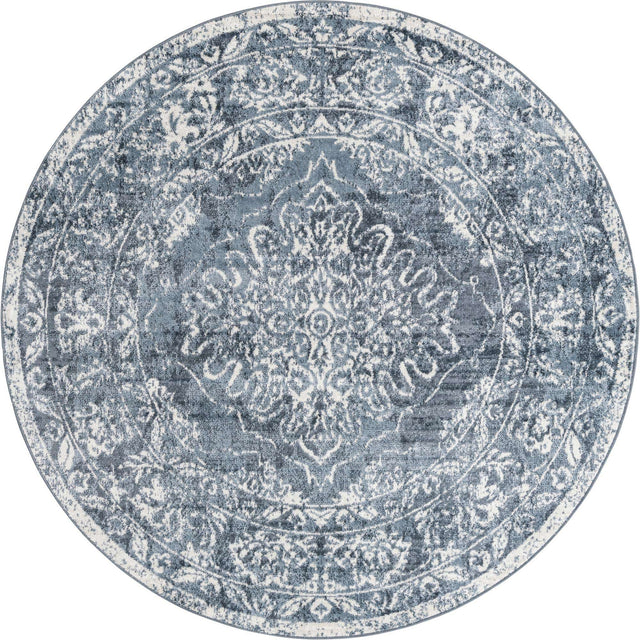 Blue 7' x 7' Oxford Round Area Rug Traditional Design 100% Polypropylene Carpet for Living Room, Bedrooms, Dining, Office for Sale at Rug Engine