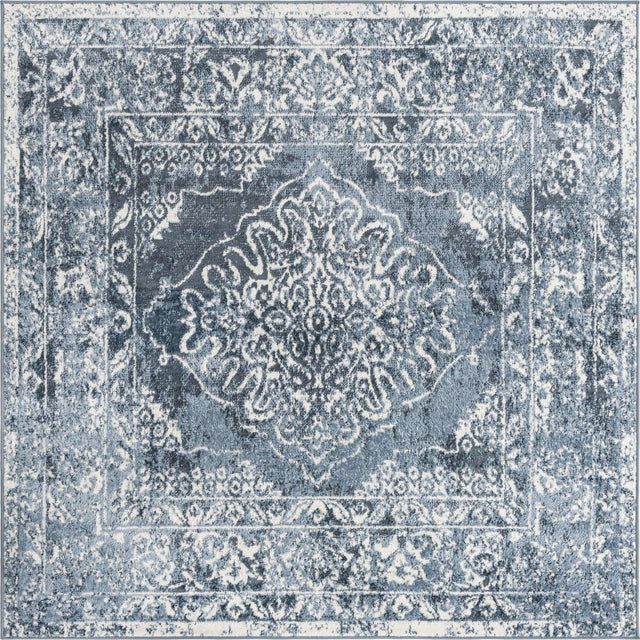 Blue 6' x 6' Oxford Square Area Rug Traditional Design 100% Polypropylene Carpet for Living Room, Bedrooms, Dining, Office for Sale at Rug Engine