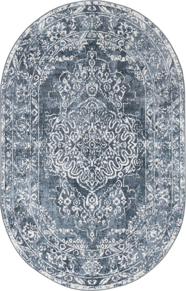 Blue 5' 3 x 8' Oxford Oval Area Rug Traditional Design 100% Polypropylene Carpet for Living Room, Bedrooms, Dining, Office for Sale at Rug Engine