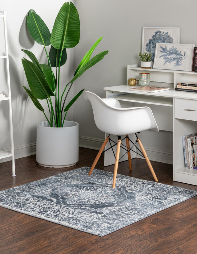 Blue 4' 1 x 4' 1 Oxford Square Area Rug Traditional Design 100% Polypropylene Carpet for Living Room, Bedrooms, Dining, Office for Sale at Rug Engine