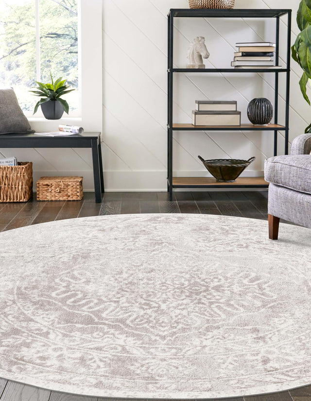 Gray 7' 1 x 7' 1 Oxford Round Area Rug Traditional Design 100% Polypropylene Carpet for Living Room, Bedrooms, Dining, Office for Sale at Rug Engine
