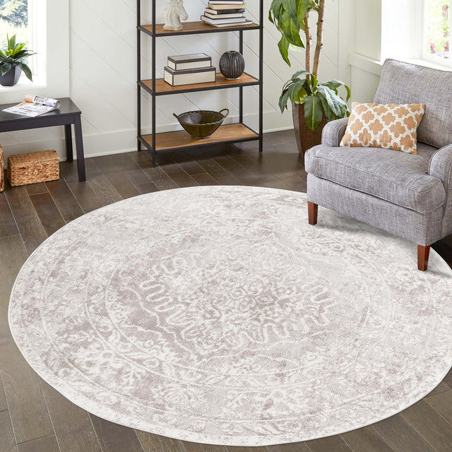 Gray 7' 1 x 7' 1 Oxford Round Area Rug Traditional Design 100% Polypropylene Carpet for Living Room, Bedrooms, Dining, Office for Sale at Rug Engine