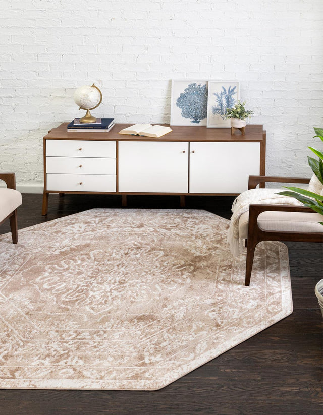 Beige 7' x 7' Oxford Octagon Area Rug Traditional Design 100% Polypropylene Carpet for Living Room, Bedrooms, Dining, Office for Sale at Rug Engine