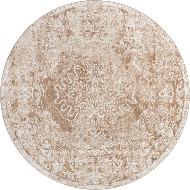 Beige 7' x 7' Oxford Round Area Rug Traditional Design 100% Polypropylene Carpet for Living Room, Bedrooms, Dining, Office for Sale at Rug Engine