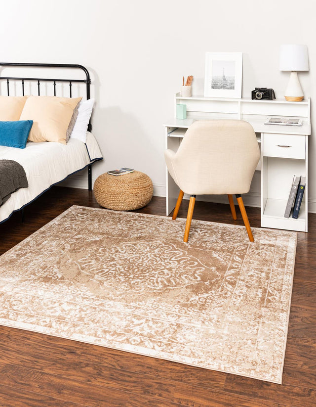 Beige 7' 10 x 7' 10 Oxford Square Area Rug Traditional Design 100% Polypropylene Carpet for Living Room, Bedrooms, Dining, Office for Sale at Rug Engine