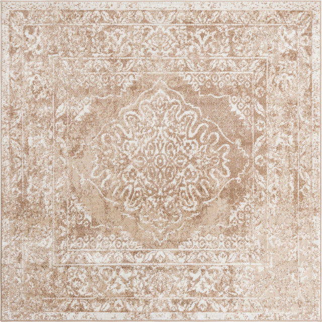Beige 6' x 6' Oxford Square Area Rug Traditional Design 100% Polypropylene Carpet for Living Room, Bedrooms, Dining, Office for Sale at Rug Engine